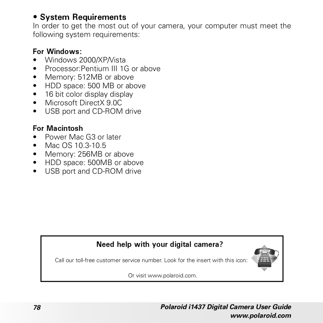 Polaroid CIA-1437RC manual System Requirements, For Windows 