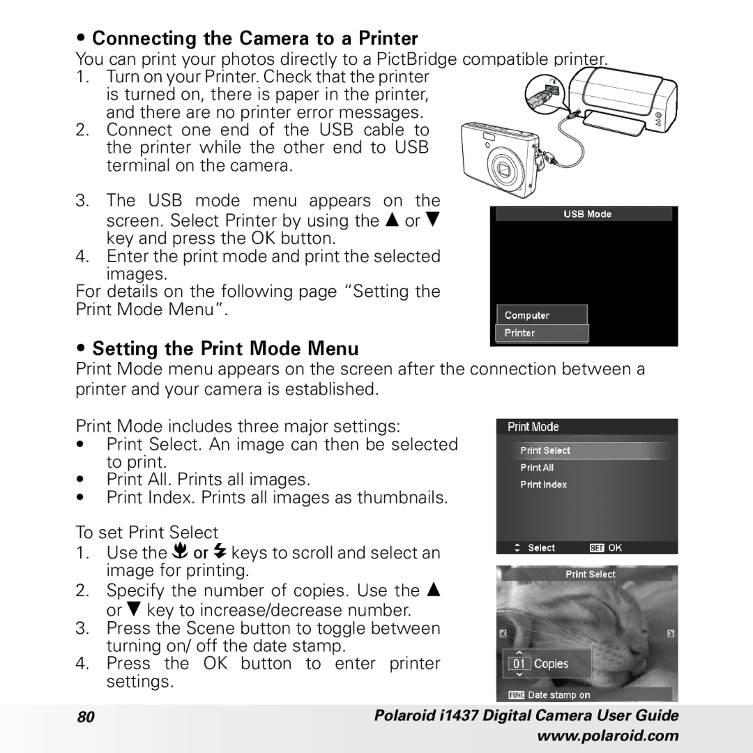 Polaroid CIA-1437RC manual Connecting the Camera to a Printer, Setting the Print Mode Menu 