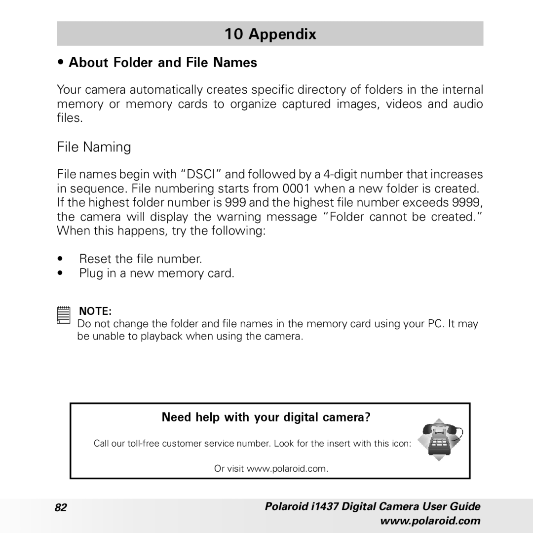 Polaroid CIA-1437RC manual Appendix, About Folder and File Names, File Naming 