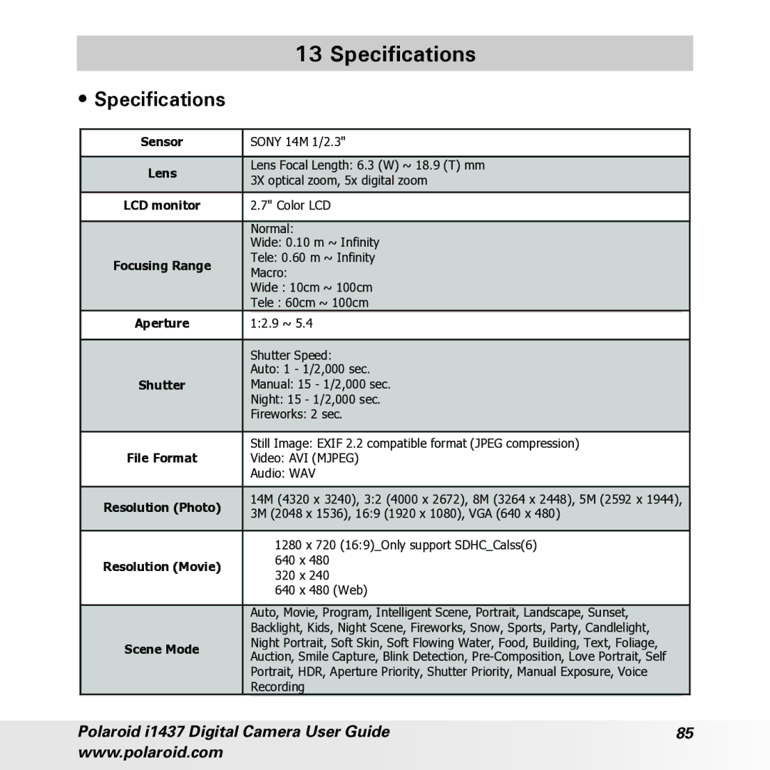 Polaroid CIA-1437RC manual Specifications 