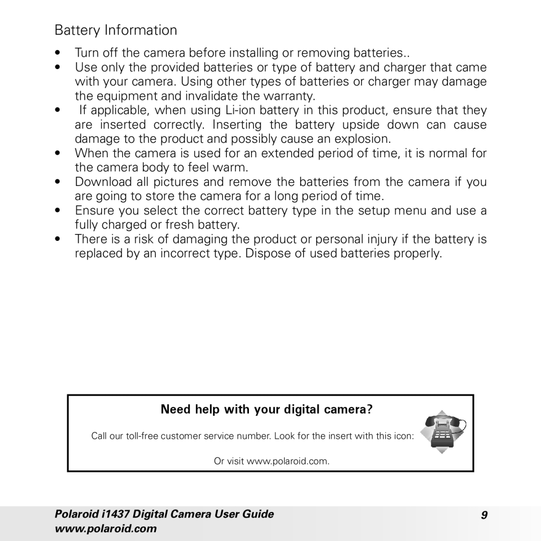 Polaroid CIA-1437RC manual Battery Information, Need help with your digital camera? 