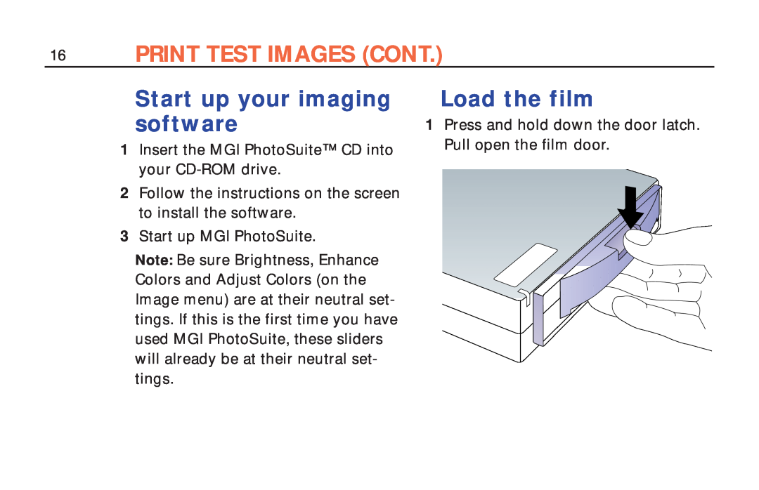 Polaroid ColorShot Printer manual Print Test Images Cont, Start up your imaging software, Load the film 