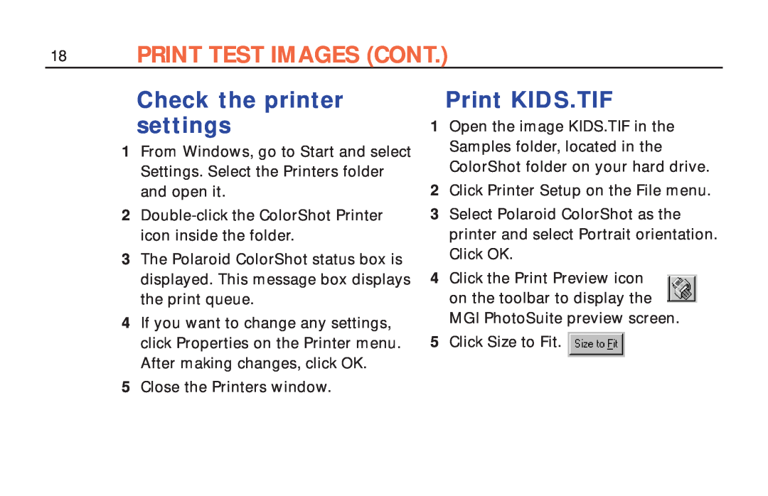 Polaroid ColorShot Printer manual Print Test Images Cont, Check the printer settings, Print KIDS.TIF 