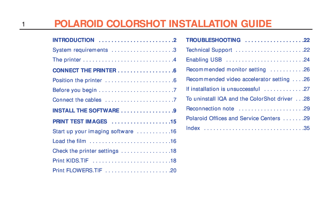 Polaroid ColorShot Printer manual Polaroid Colorshot Installation Guide, Introduction, Connect The Printer, Troubleshooting 