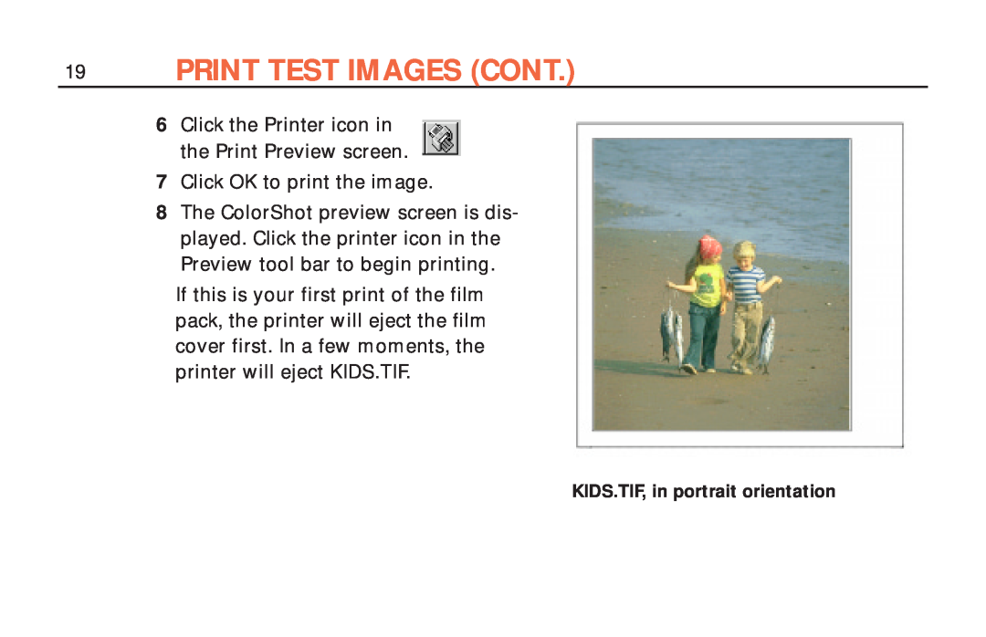 Polaroid ColorShot Printer manual Print Test Images Cont, Click the Printer icon in the Print Preview screen 