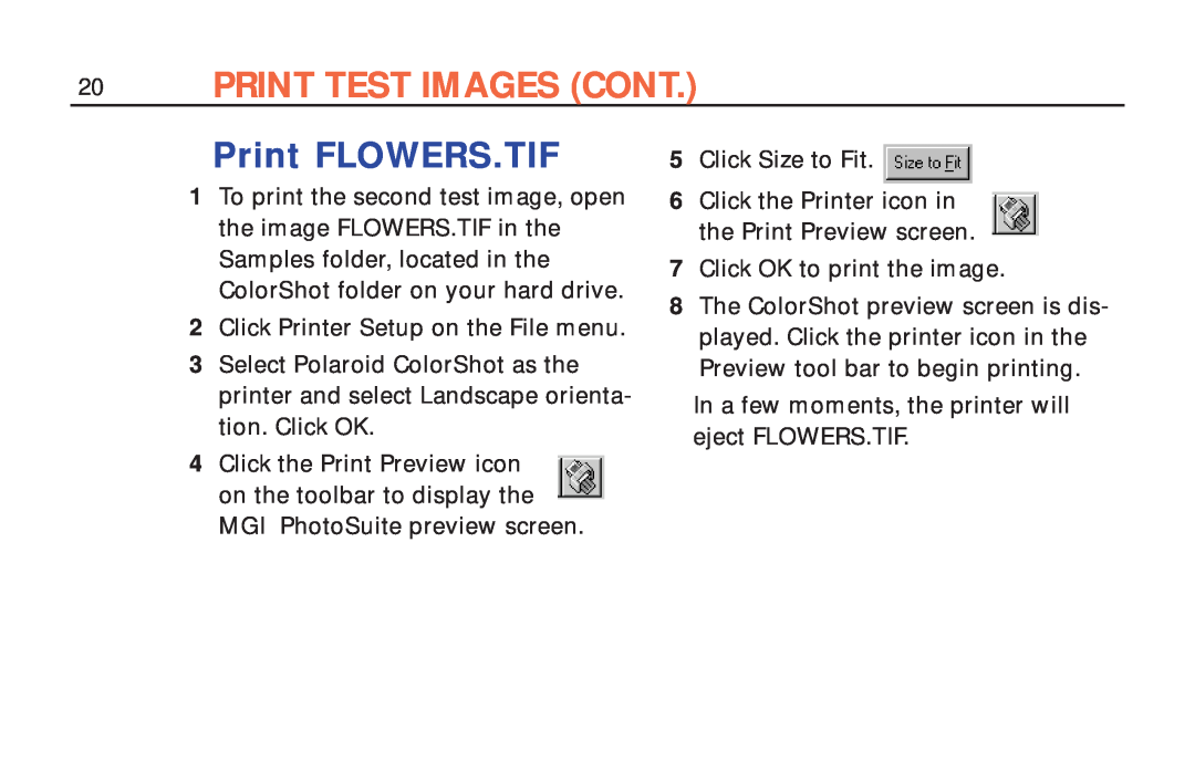 Polaroid ColorShot Printer manual Print Test Images Cont, Print FLOWERS.TIF 