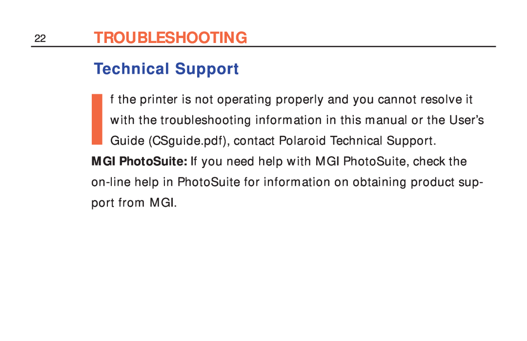 Polaroid ColorShot Printer manual Troubleshooting, Technical Support 