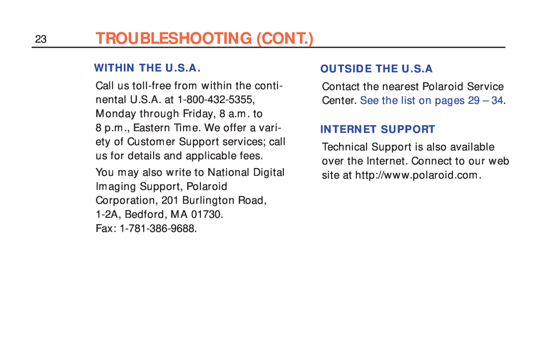 Polaroid ColorShot Printer manual Troubleshooting Cont, Within The U.S.A, Outside The U.S.A, Internet Support 