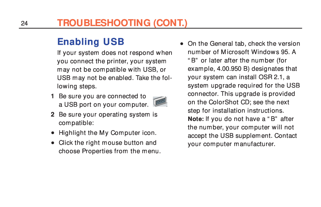 Polaroid ColorShot Printer manual Troubleshooting Cont, Enabling USB 