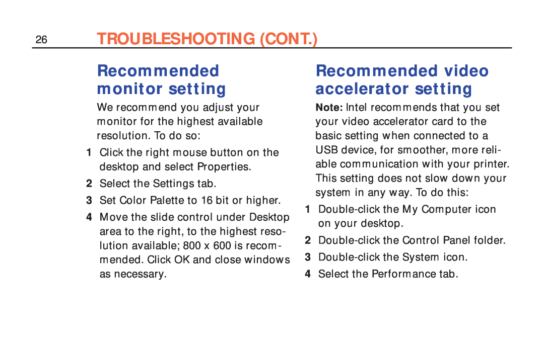 Polaroid ColorShot Printer manual Troubleshooting Cont, Recommended monitor setting, Recommended video accelerator setting 