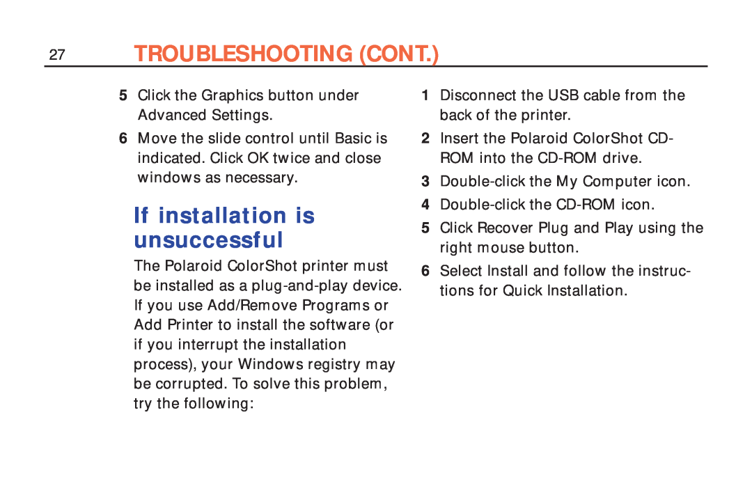 Polaroid ColorShot Printer manual Troubleshooting Cont, If installation is unsuccessful 