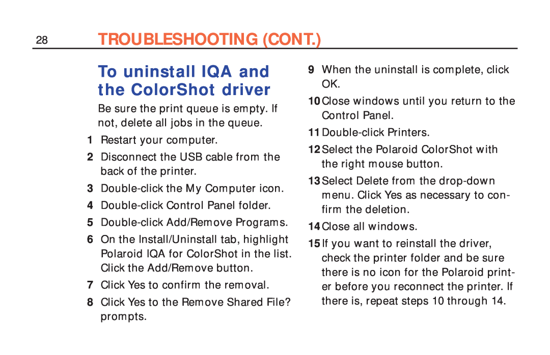 Polaroid ColorShot Printer manual Troubleshooting Cont, To uninstall IQA and the ColorShot driver 