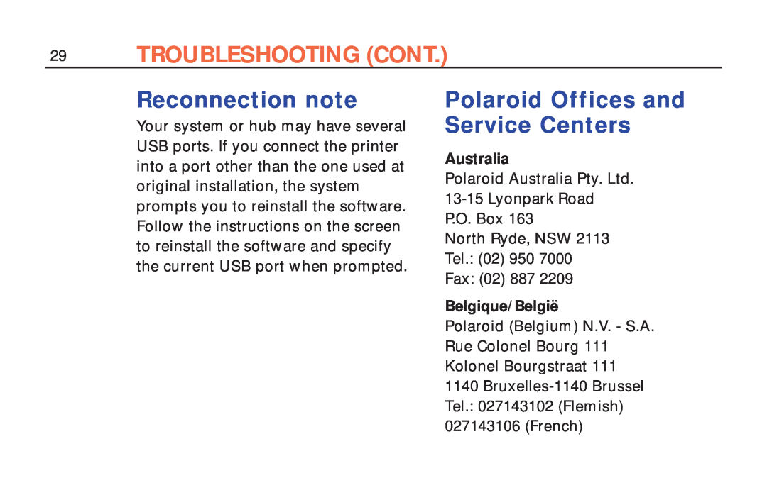 Polaroid ColorShot Printer manual Troubleshooting Cont, Reconnection note, Polaroid Offices and Service Centers, Australia 