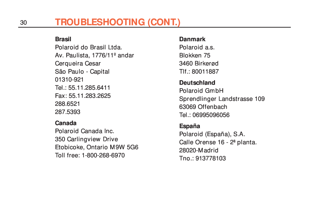 Polaroid ColorShot Printer manual Troubleshooting Cont, Brasil, Canada, Danmark, Deutschland, España 