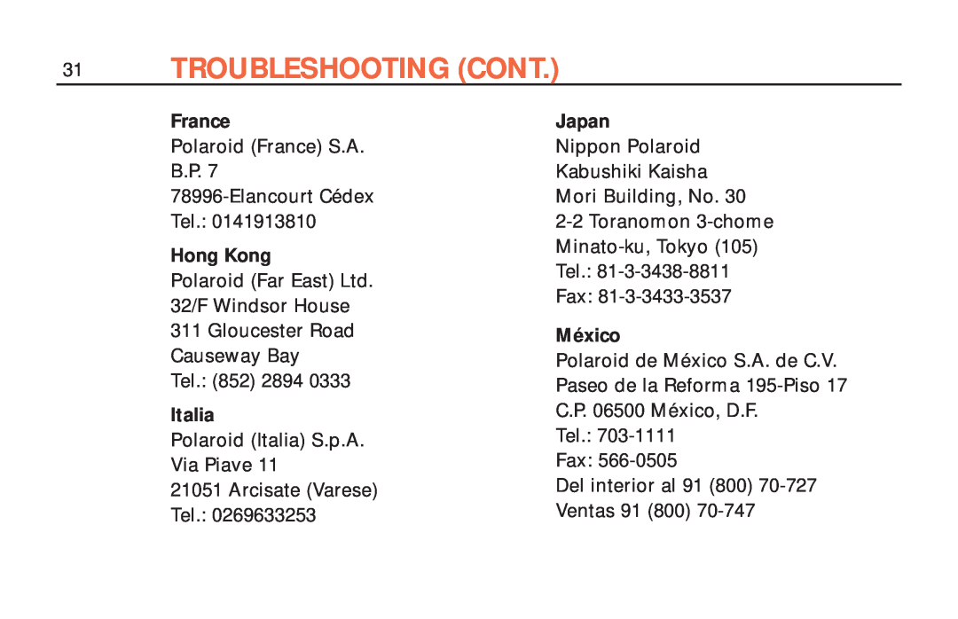 Polaroid ColorShot Printer manual Troubleshooting Cont, France, Hong Kong, Italia, Japan, México 
