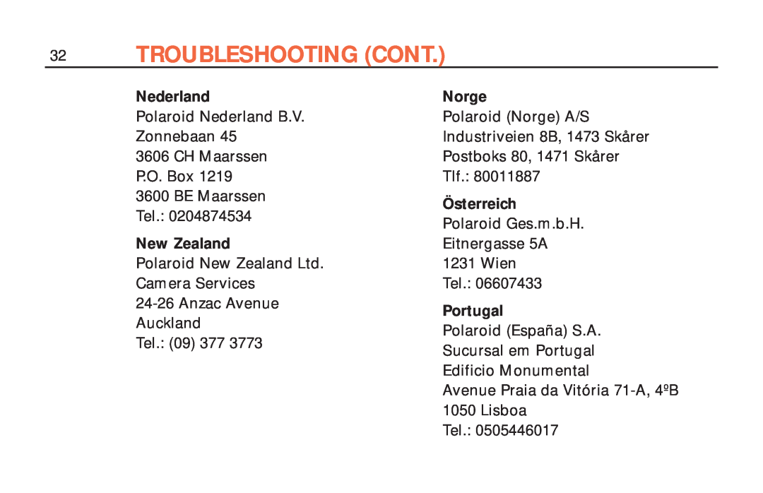 Polaroid ColorShot Printer manual Troubleshooting Cont, Nederland, New Zealand, Norge, Österreich, Portugal 