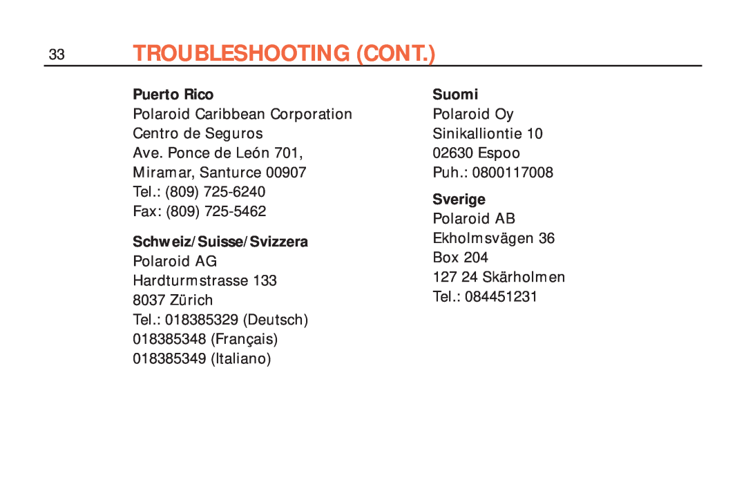 Polaroid ColorShot Printer manual Troubleshooting Cont, Puerto Rico, Schweiz/Suisse/Svizzera, Suomi, Sverige 