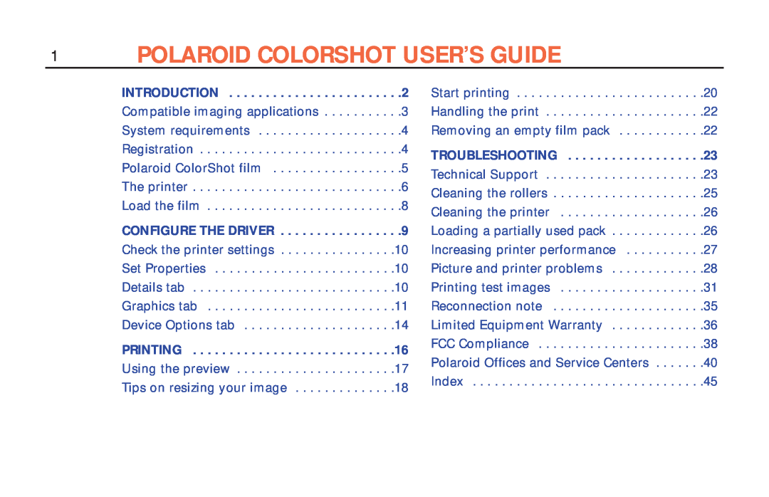 Polaroid ColorShot Printer Polaroid Colorshot User’S Guide, Introduction, Configure The Driver, Printing, Troubleshooting 