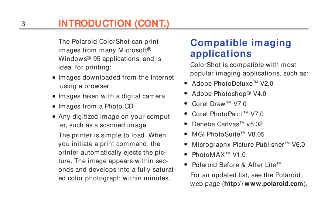 Polaroid ColorShot Printer manual Compatible imaging applications, Introduction Cont 