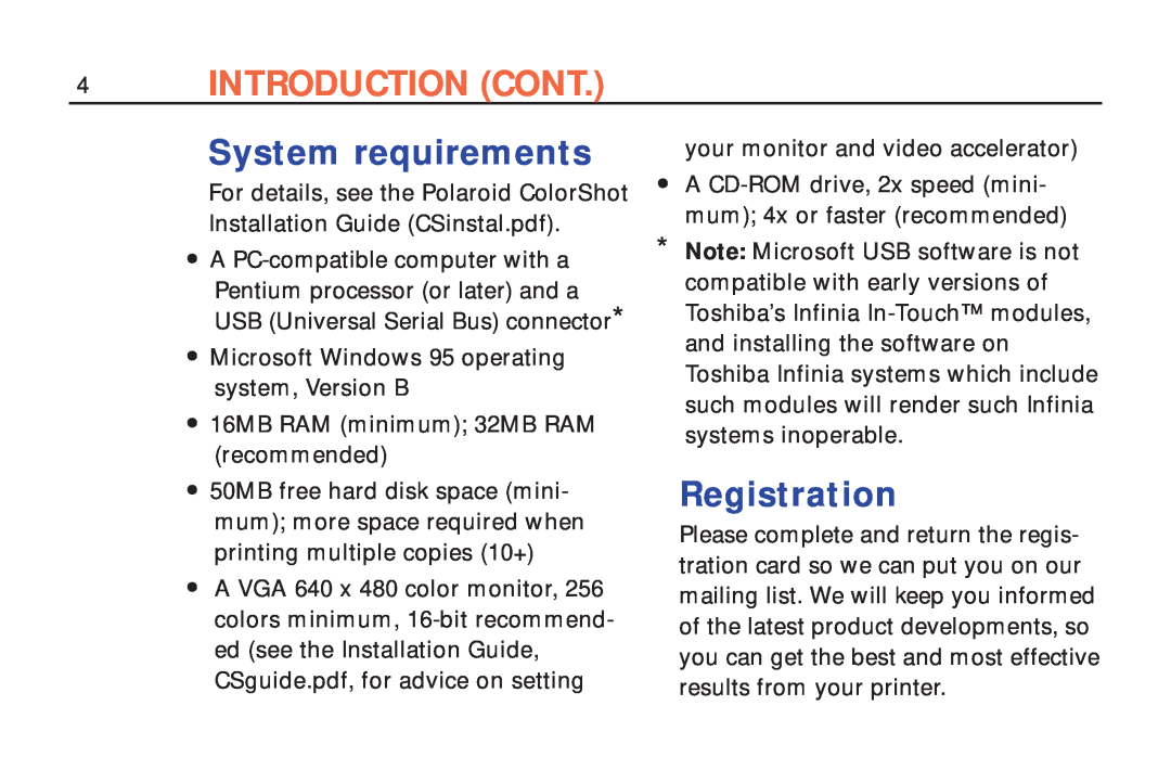 Polaroid ColorShot Printer manual Registration, Introduction Cont, System requirements 