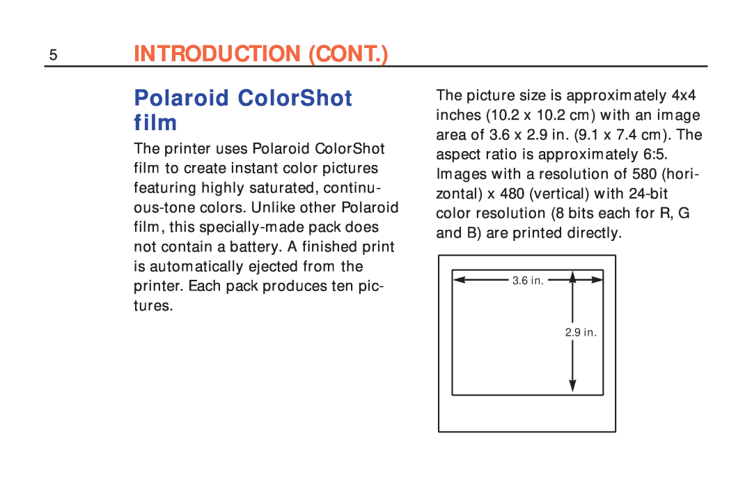 Polaroid ColorShot Printer manual Polaroid ColorShot film, Introduction Cont, 3.6 in, 2.9 in 