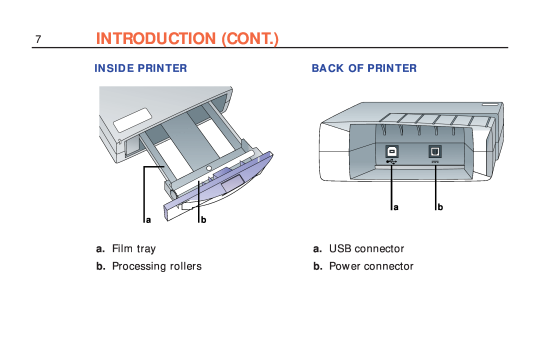 Polaroid ColorShot Printer Introduction Cont, Inside Printer, Back Of Printer, Film tray, USB connector, Power connector 