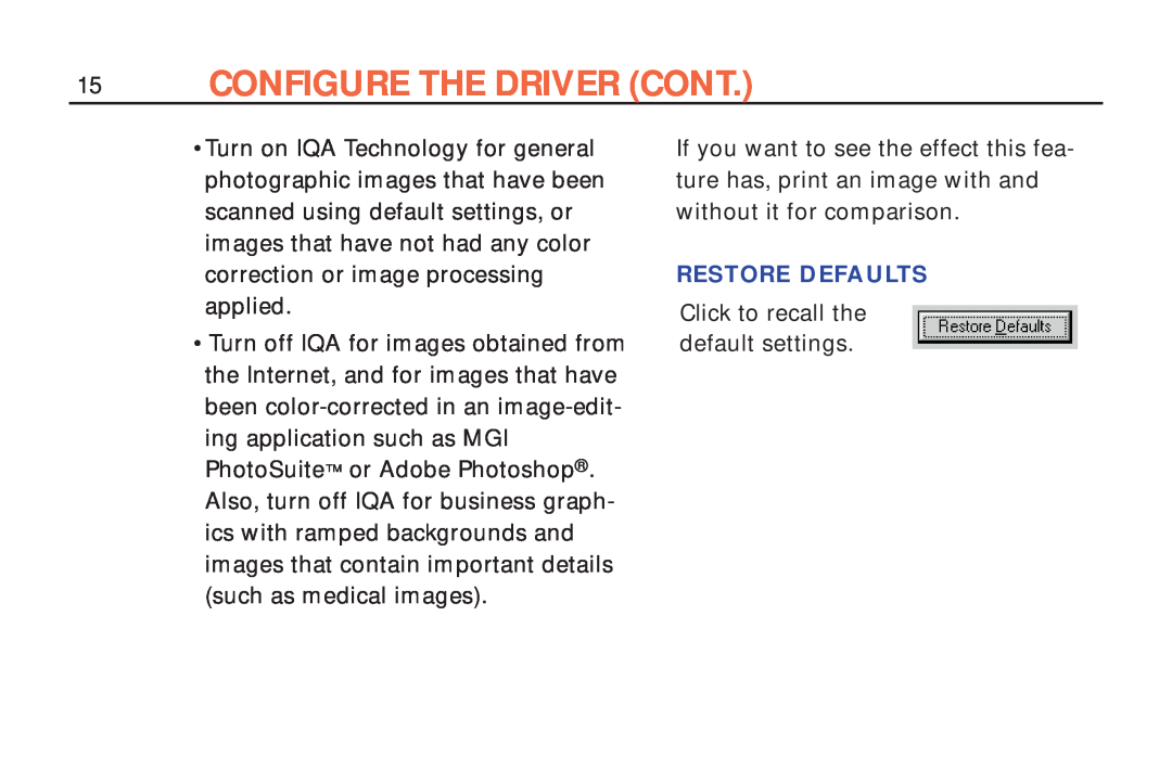 Polaroid ColorShot Printer manual Configure The Driver Cont, Restore Defaults 