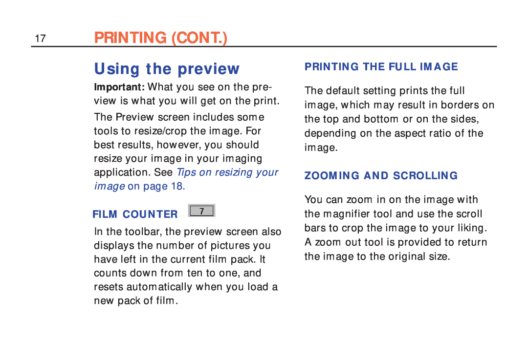 Polaroid ColorShot Printer Printing Cont, Using the preview, Film Counter, Printing The Full Image, Zooming And Scrolling 