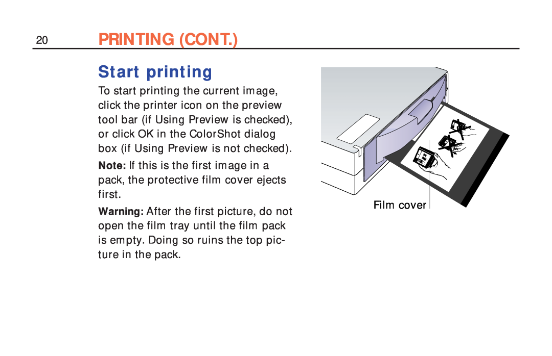 Polaroid ColorShot Printer manual Printing Cont, Start printing 