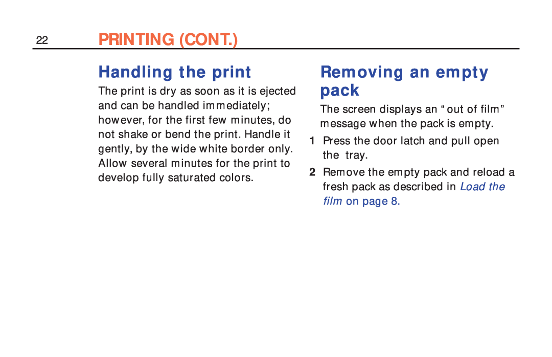 Polaroid ColorShot Printer manual Printing Cont, Handling the print, Removing an empty pack 