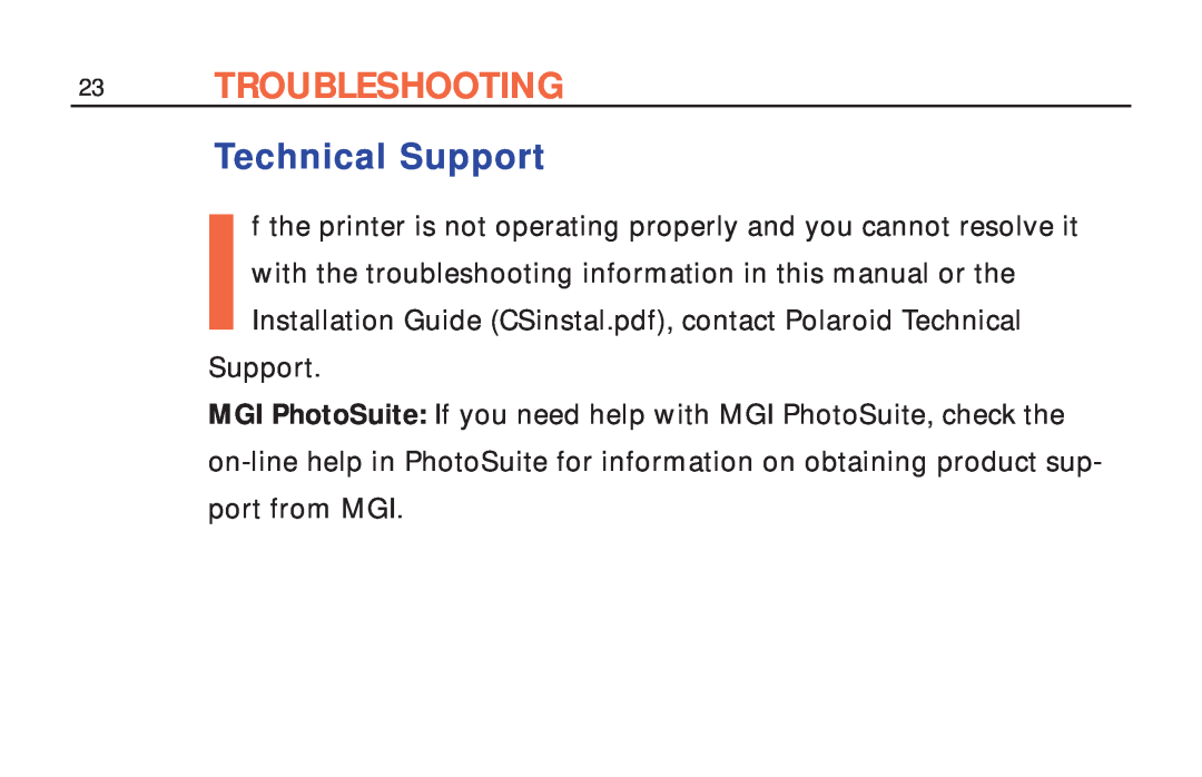 Polaroid ColorShot Printer manual Troubleshooting, Technical Support 