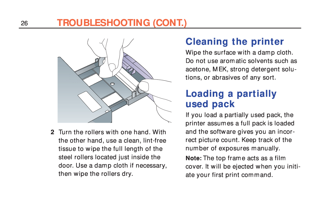 Polaroid ColorShot Printer manual Cleaning the printer, Loading a partially used pack, Troubleshooting Cont 