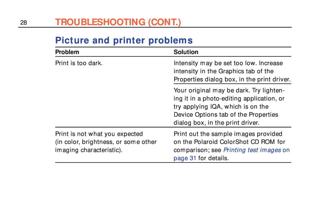 Polaroid ColorShot Printer manual Picture and printer problems, Troubleshooting Cont, Problem, Solution 