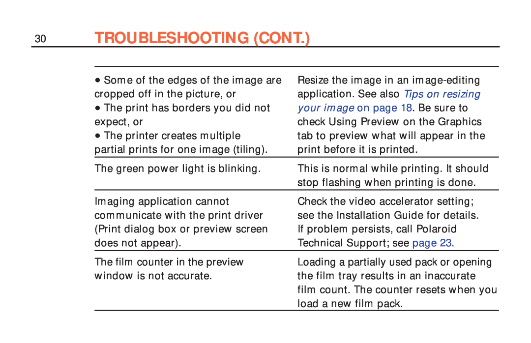 Polaroid ColorShot Printer manual Troubleshooting Cont, Some of the edges of the image are 