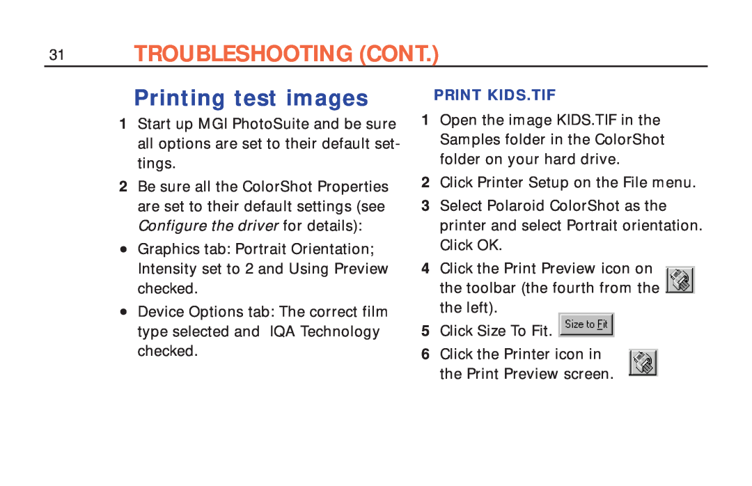 Polaroid ColorShot Printer manual Printing test images, Troubleshooting Cont, Print Kids.Tif 