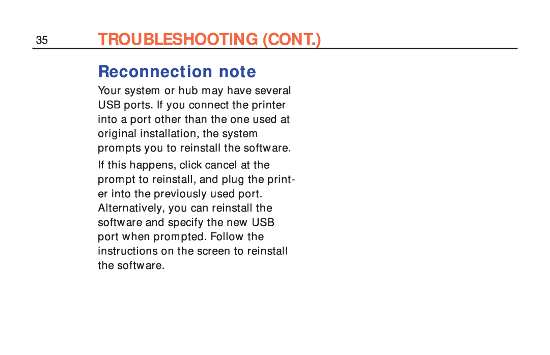 Polaroid ColorShot Printer manual Troubleshooting Cont, Reconnection note 