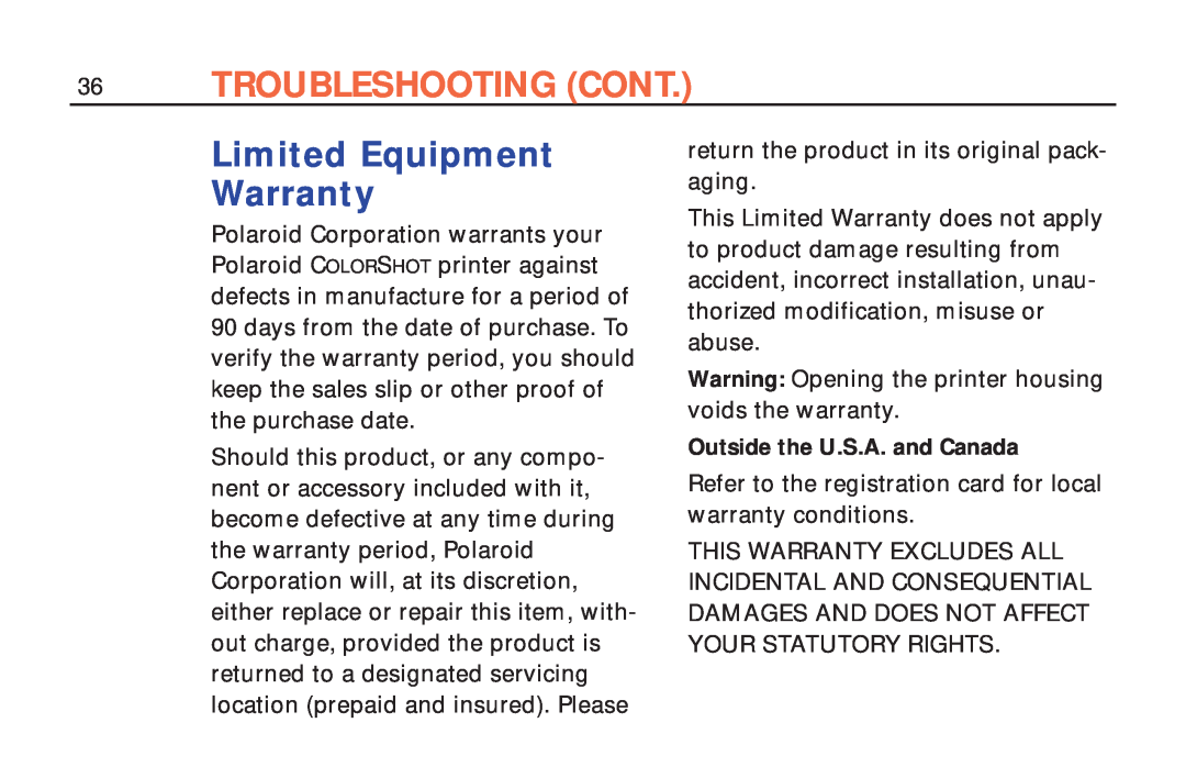 Polaroid ColorShot Printer manual Troubleshooting Cont, Limited Equipment Warranty 