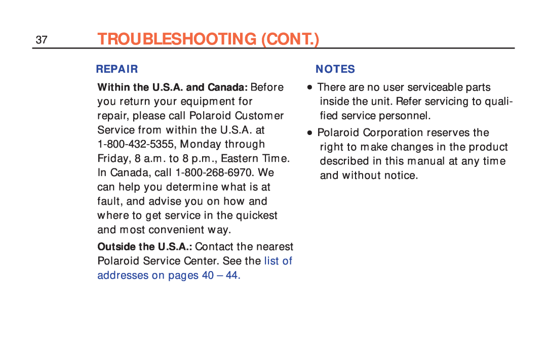 Polaroid ColorShot Printer manual Troubleshooting Cont, Repair 