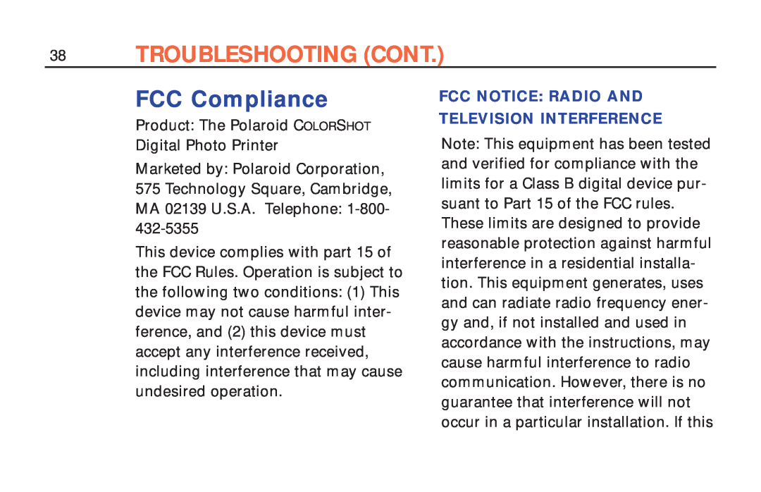 Polaroid ColorShot Printer manual Troubleshooting Cont, FCC Compliance, Fcc Notice Radio And Television Interference 