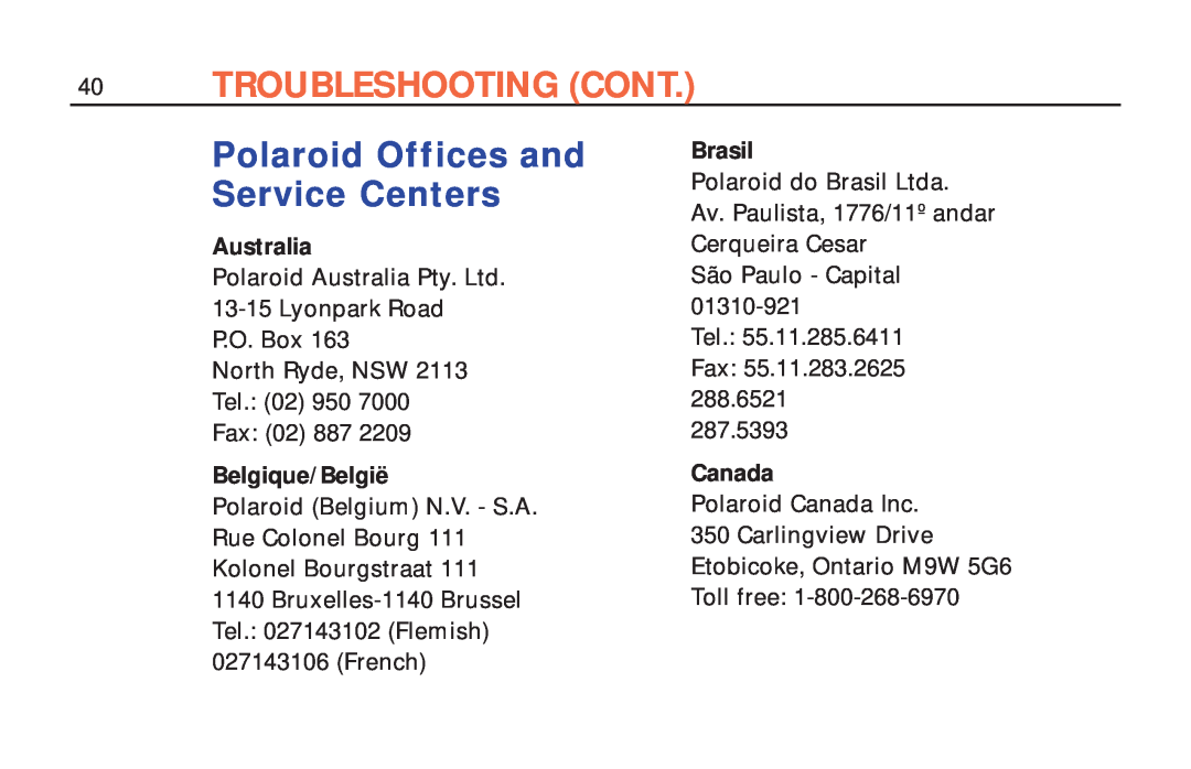 Polaroid ColorShot Printer Troubleshooting Cont, Polaroid Offices and Service Centers, Australia, Belgique/België, Brasil 