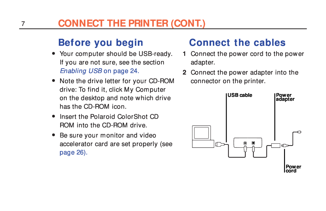 Polaroid ColorShot Printer manual Connect The Printer Cont, Before you begin, Connect the cables 