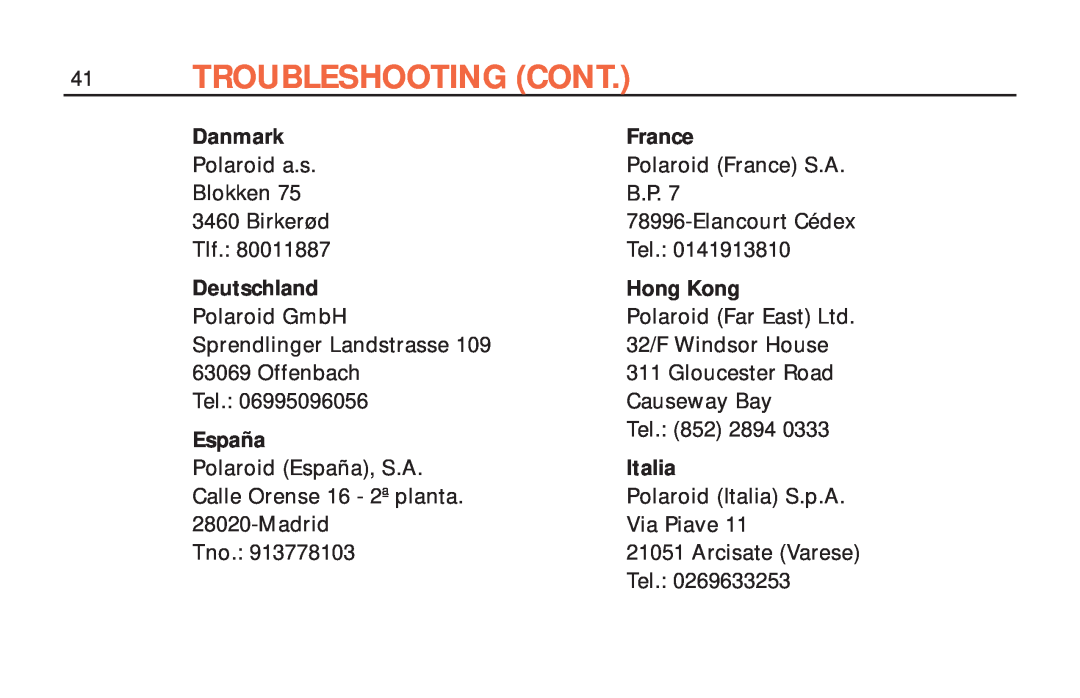 Polaroid ColorShot Printer manual Troubleshooting Cont, Danmark, Deutschland, España, France, Hong Kong, Italia 