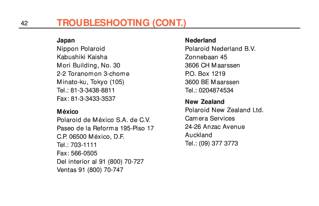 Polaroid ColorShot Printer manual Troubleshooting Cont, Japan, México, Nederland, New Zealand 