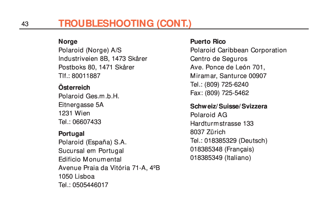 Polaroid ColorShot Printer manual Troubleshooting Cont, Norge, Österreich, Portugal, Puerto Rico, Schweiz/Suisse/Svizzera 
