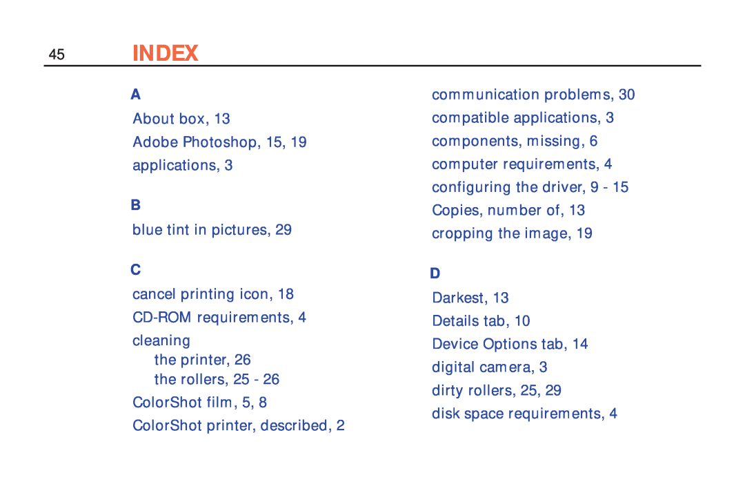 Polaroid ColorShot Printer manual Index 