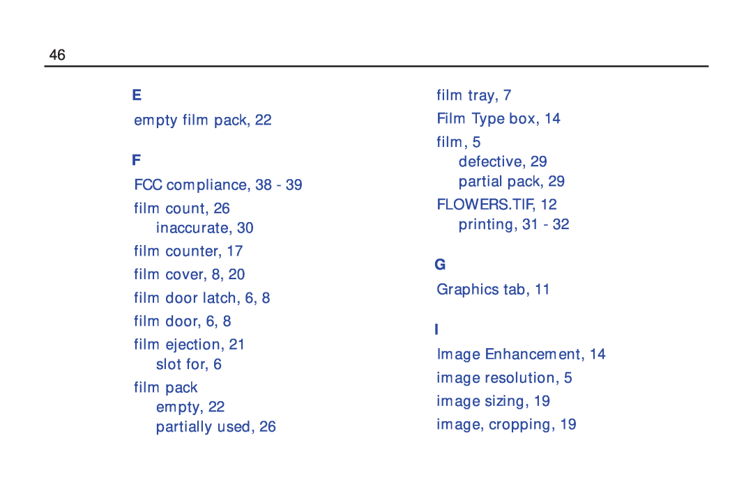 Polaroid ColorShot Printer manual empty film pack, FCC compliance, 38 film count, 26 inaccurate film counter, Graphics tab 