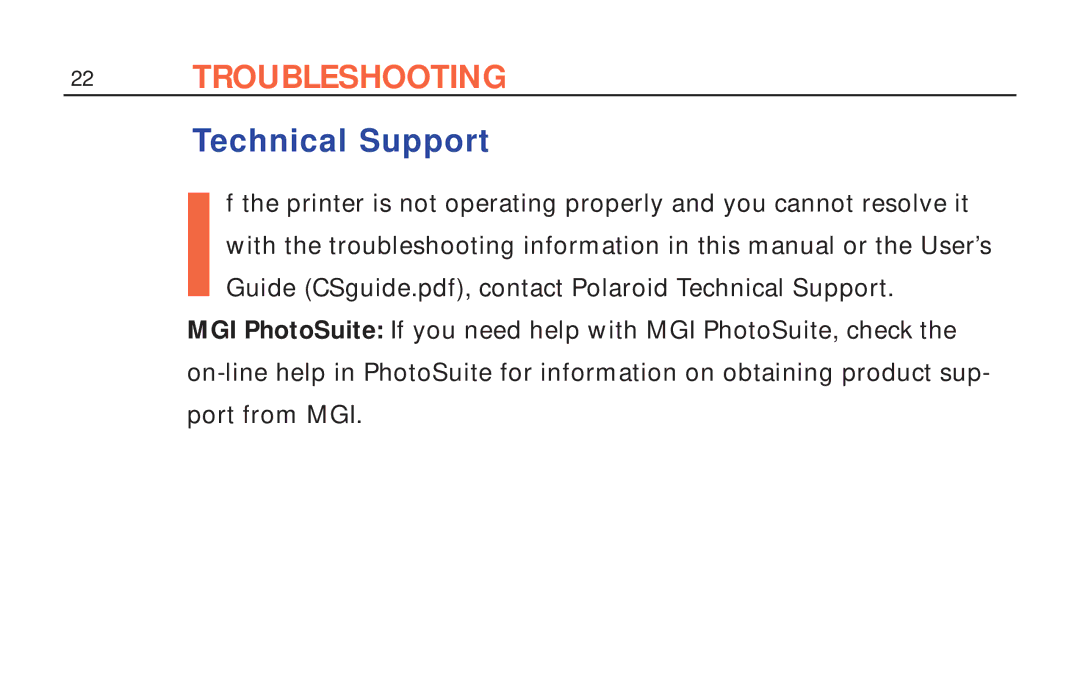 Polaroid ColorShot Printer manual Troubleshooting, Technical Support 