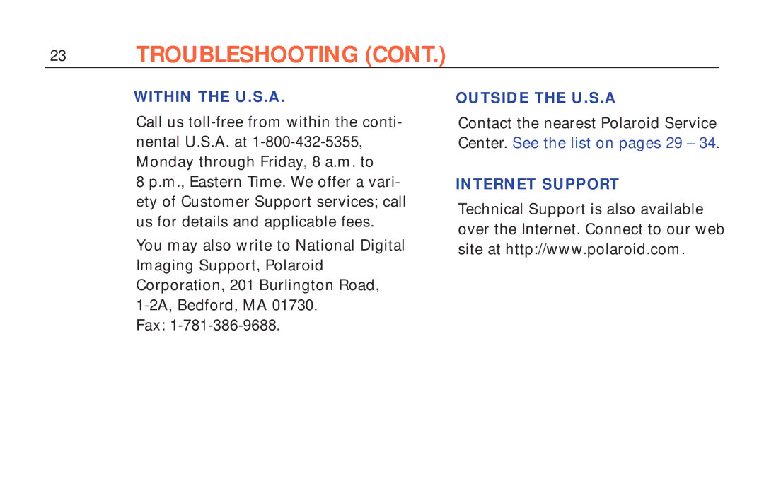 Polaroid ColorShot Printer manual Within the U.S.A, Outside the U.S.A, Internet Support 