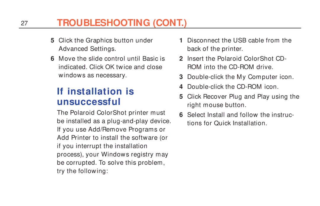 Polaroid ColorShot Printer manual If installation is unsuccessful 