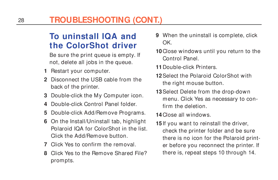 Polaroid ColorShot Printer manual To uninstall IQA and the ColorShot driver 